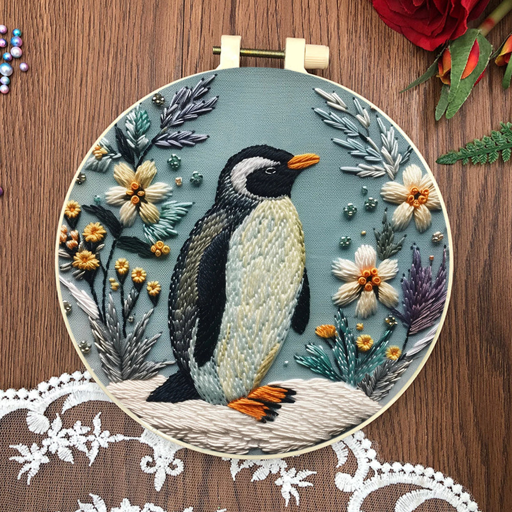 Penguin - DIY Embroidery Cross Stitch Kit with Pattern Cotton Threads Needles Hoop 30x30CM/11.81x11.81in