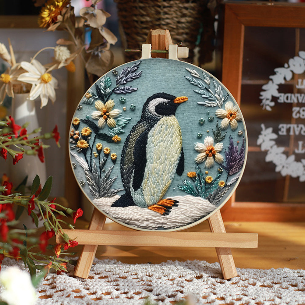 Penguin - DIY Embroidery Cross Stitch Kit with Pattern Cotton Threads Needles Hoop 30x30CM/11.81x11.81in