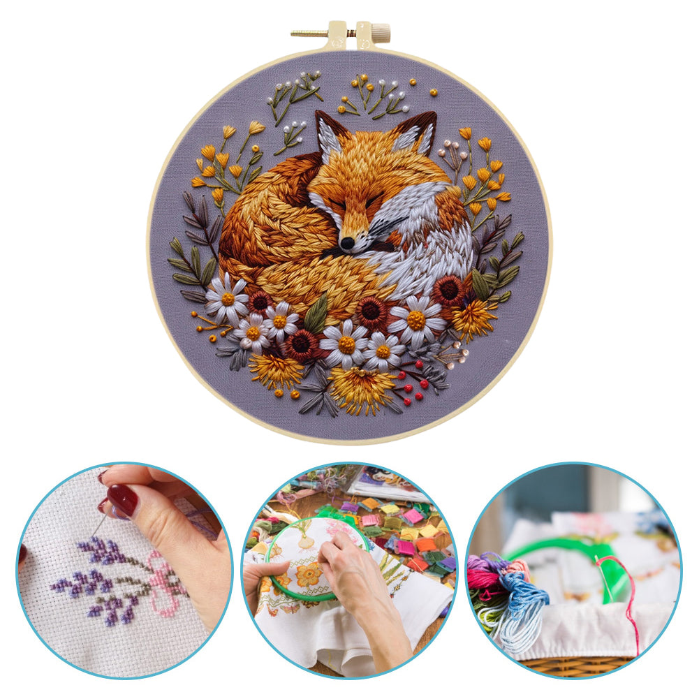 Fox - DIY Embroidery Cross Stitch Kit with Pattern Cotton Threads Needles Hoop 30x30CM/11.81x11.81in