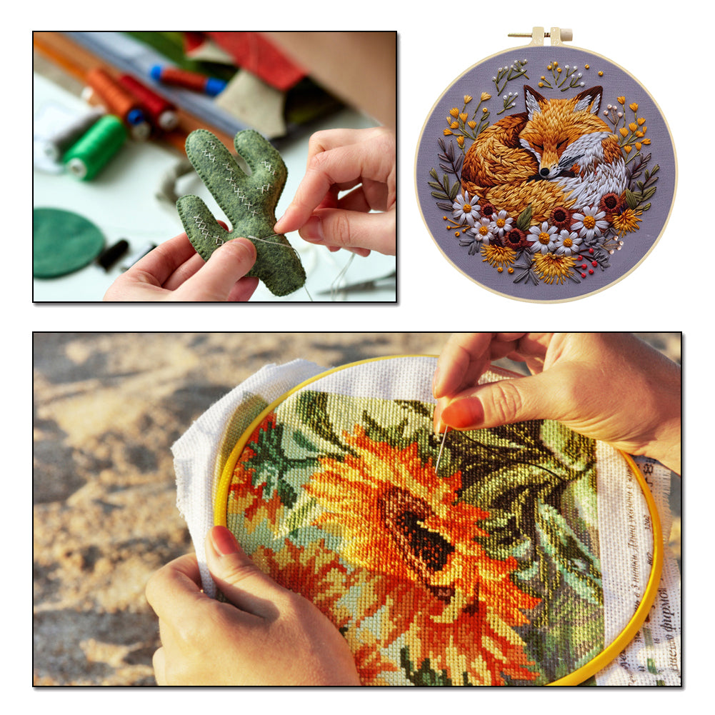 Fox - DIY Embroidery Cross Stitch Kit with Pattern Cotton Threads Needles Hoop 30x30CM/11.81x11.81in
