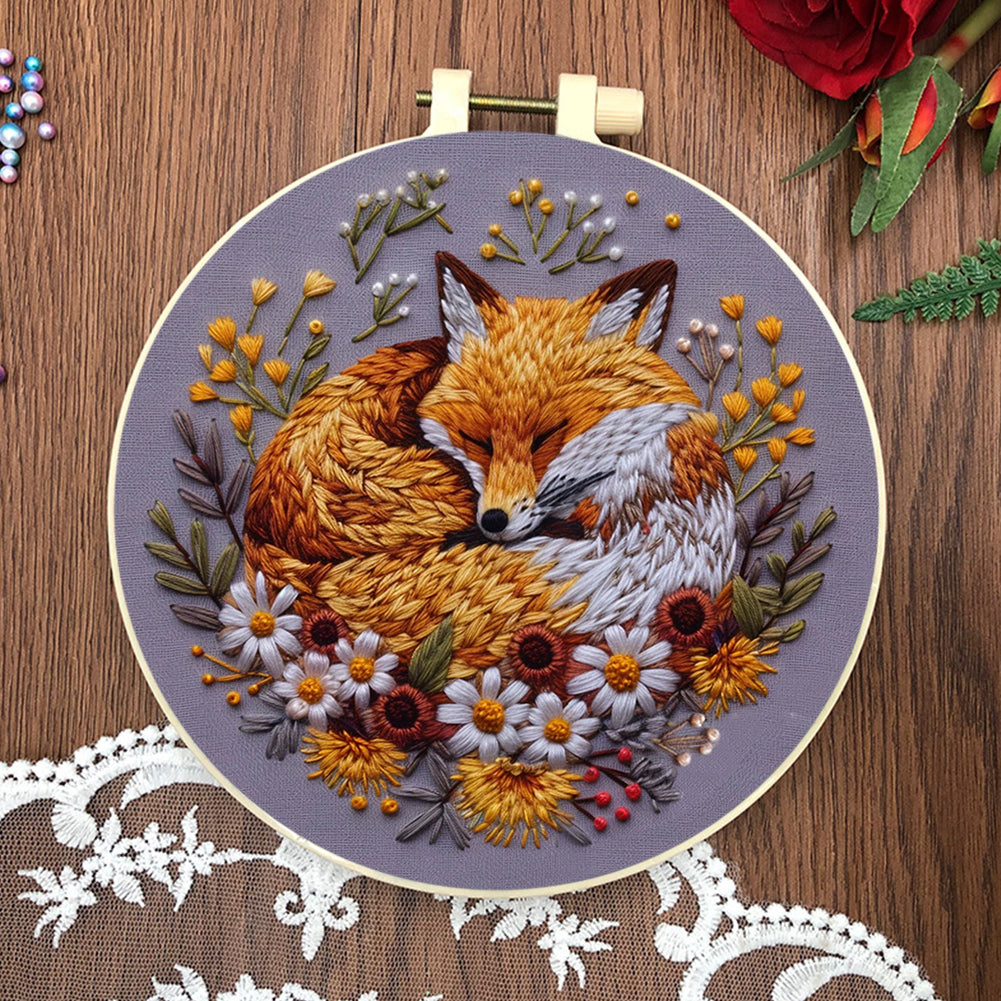 Fox - DIY Embroidery Cross Stitch Kit with Pattern Cotton Threads Needles Hoop 30x30CM/11.81x11.81in