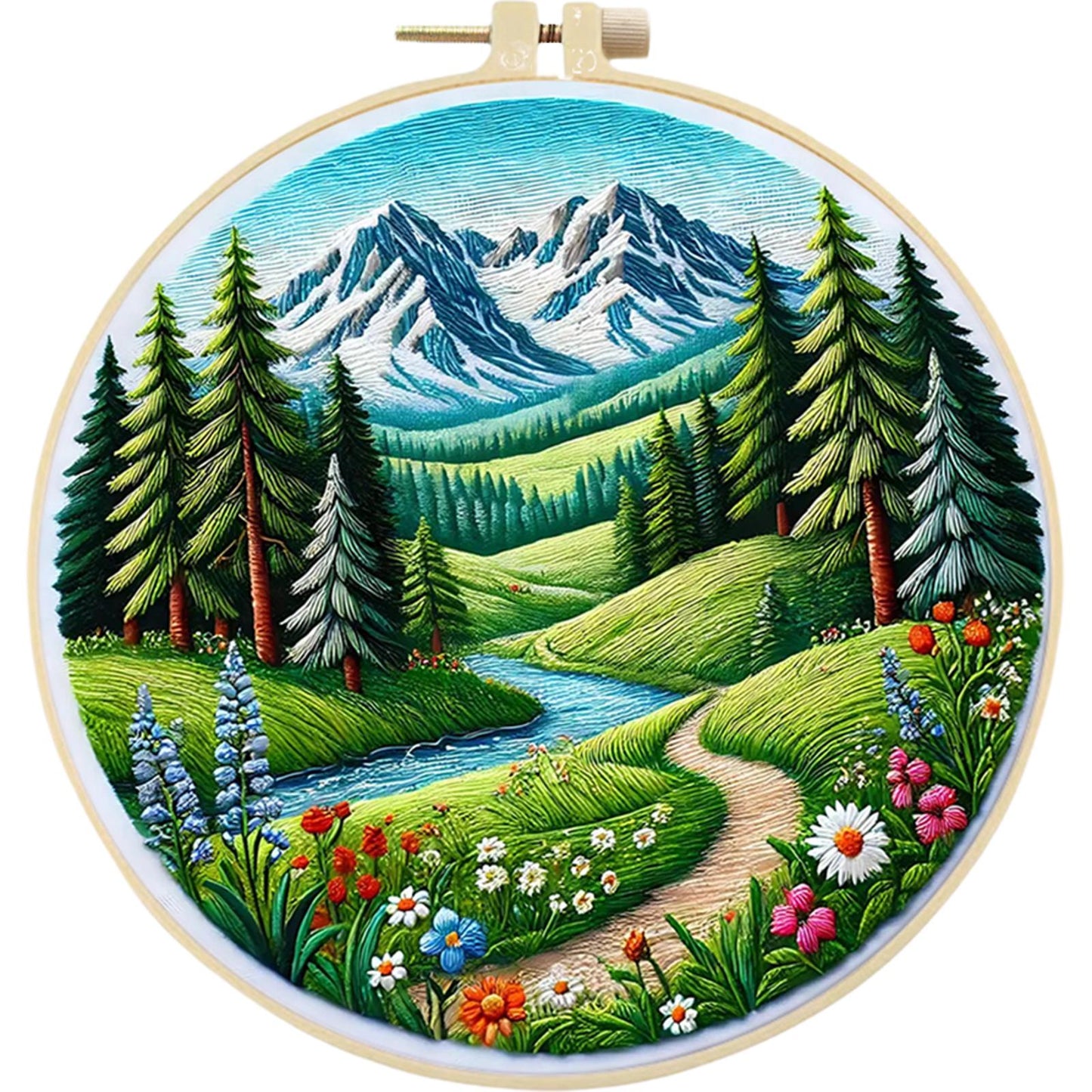 Path By The River - DIY Embroidery Cross Stitch Kit with Pattern Cotton Threads Needles Hoop 30x30CM/11.81x11.81in
