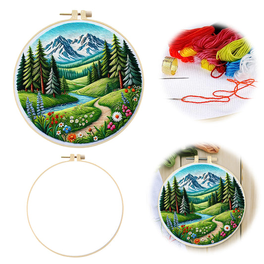 Path By The River - DIY Embroidery Cross Stitch Kit with Pattern Cotton Threads Needles Hoop 30x30CM/11.81x11.81in