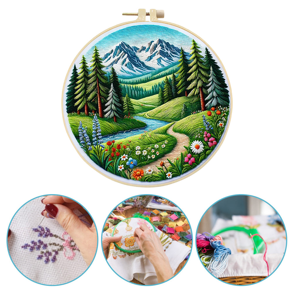 Path By The River - DIY Embroidery Cross Stitch Kit with Pattern Cotton Threads Needles Hoop 30x30CM/11.81x11.81in