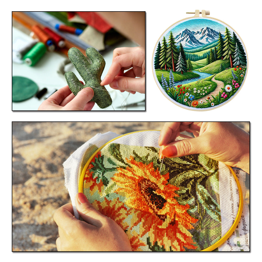 Path By The River - DIY Embroidery Cross Stitch Kit with Pattern Cotton Threads Needles Hoop 30x30CM/11.81x11.81in