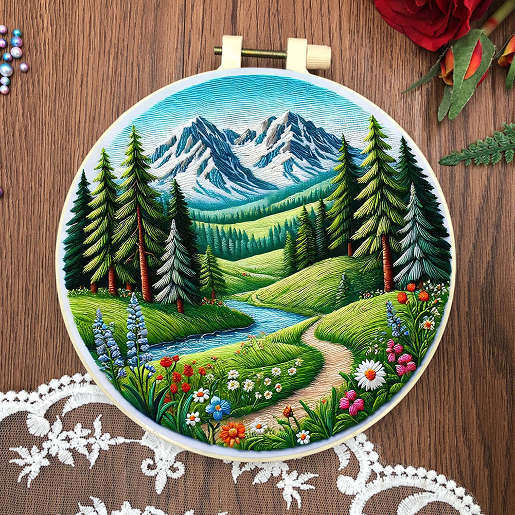 Path By The River - DIY Embroidery Cross Stitch Kit with Pattern Cotton Threads Needles Hoop 30x30CM/11.81x11.81in