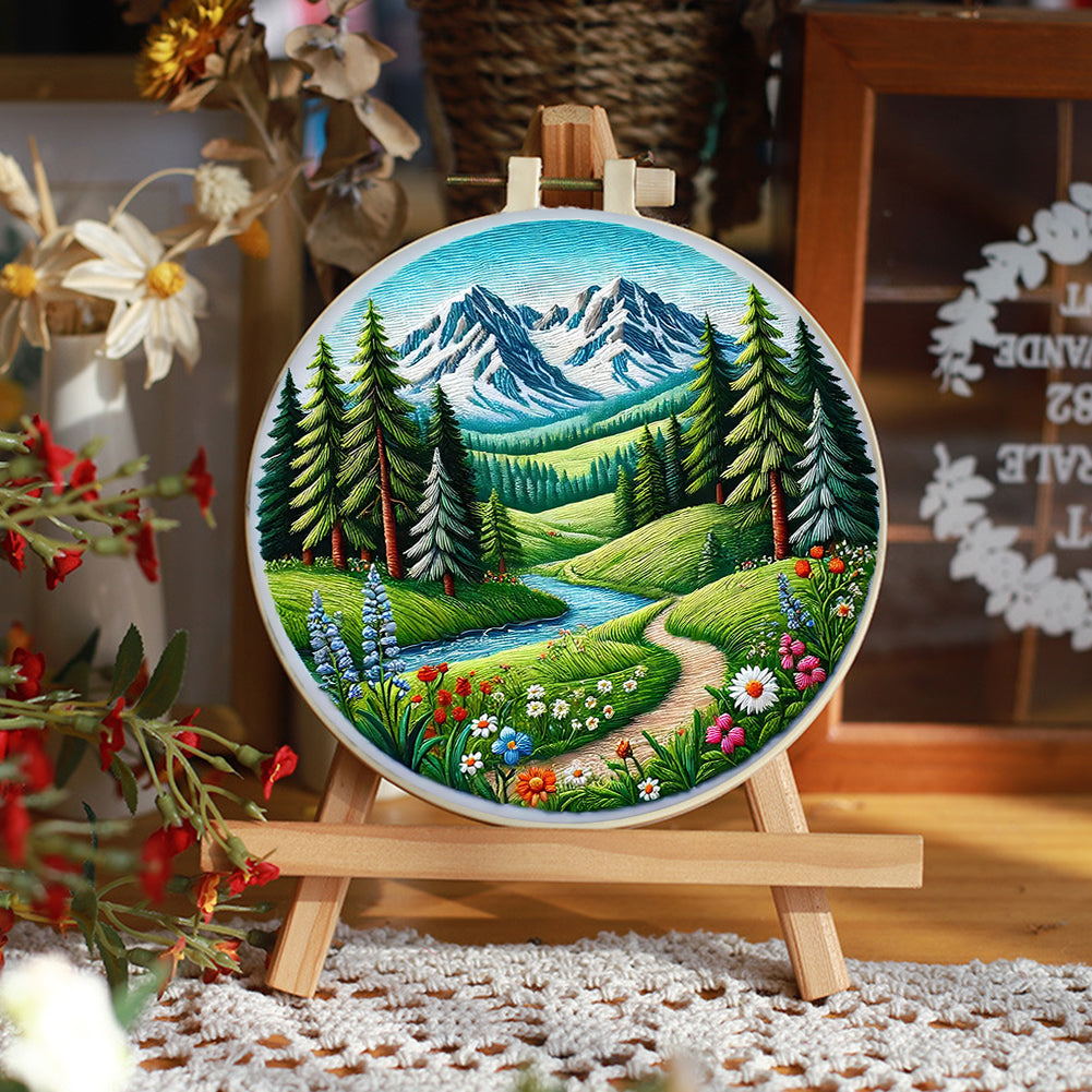 Path By The River - DIY Embroidery Cross Stitch Kit with Pattern Cotton Threads Needles Hoop 30x30CM/11.81x11.81in