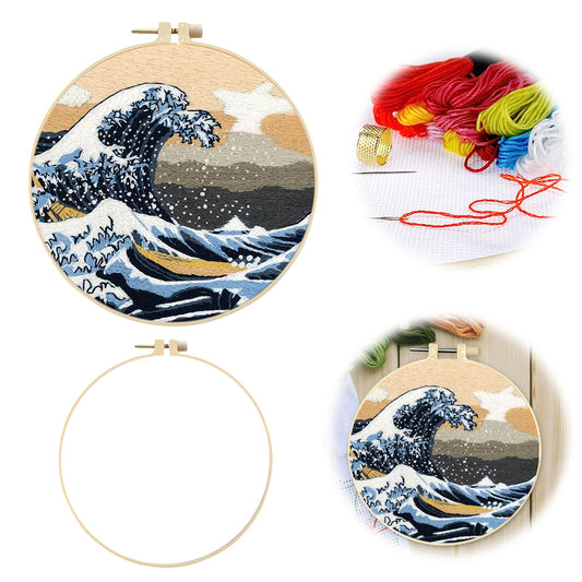 Ocean Waves - DIY Embroidery Cross Stitch Kit with Pattern Cotton Threads Needles Hoop 30x30CM/11.81x11.81in