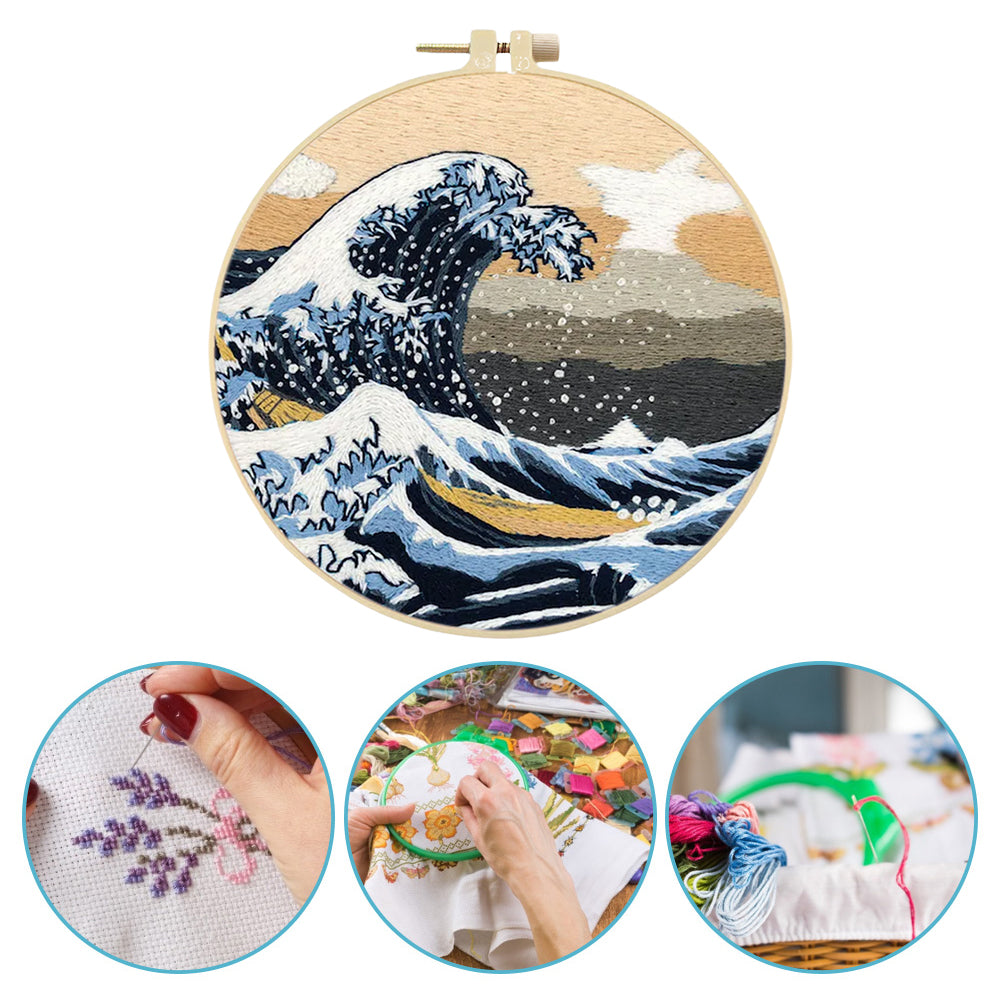 Ocean Waves - DIY Embroidery Cross Stitch Kit with Pattern Cotton Threads Needles Hoop 30x30CM/11.81x11.81in