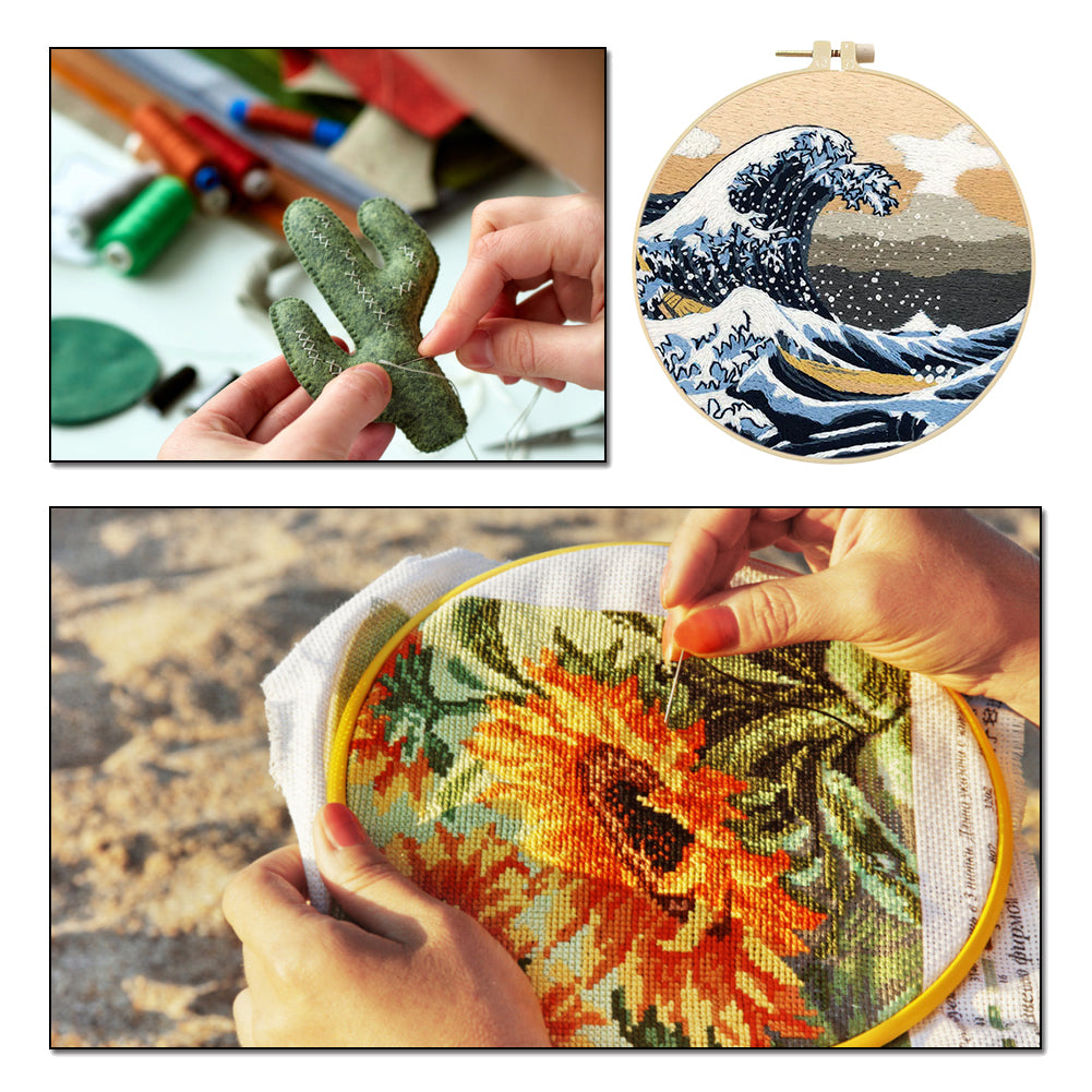 Ocean Waves - DIY Embroidery Cross Stitch Kit with Pattern Cotton Threads Needles Hoop 30x30CM/11.81x11.81in