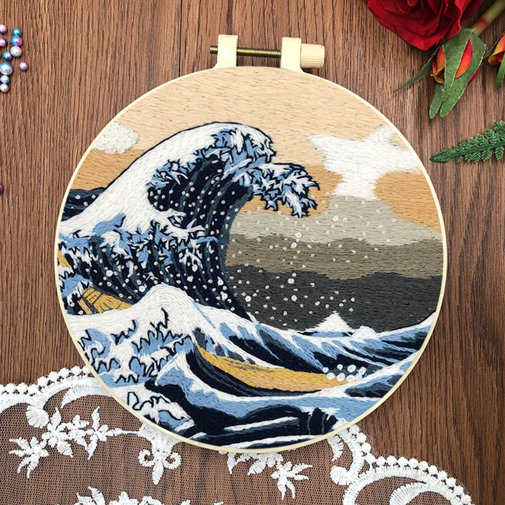 Ocean Waves - DIY Embroidery Cross Stitch Kit with Pattern Cotton Threads Needles Hoop 30x30CM/11.81x11.81in