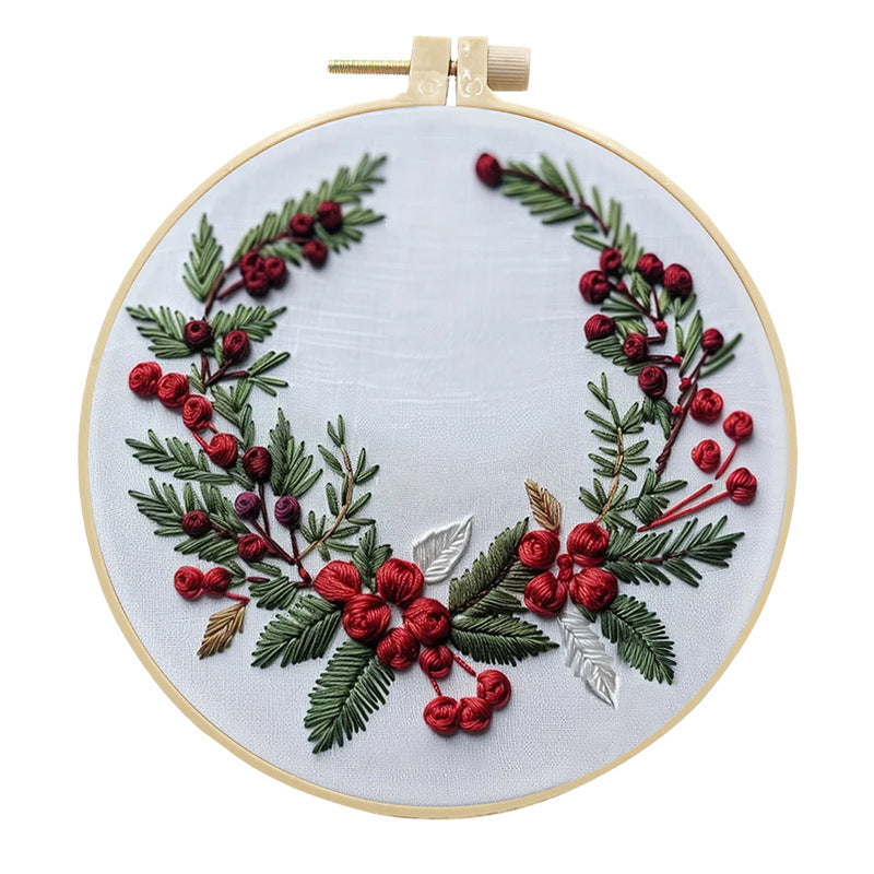 Christmas & Flowers - DIY Embroidery Cross Stitch Kit with Pattern Cotton Threads Needles Hoop 25x25CM/9.84x9.84in