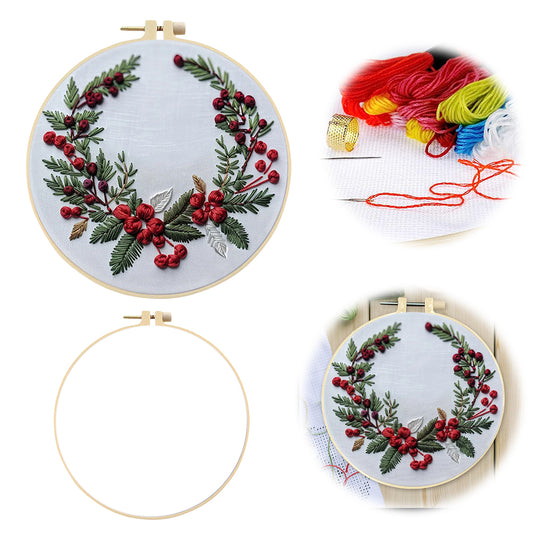 Christmas & Flowers - DIY Embroidery Cross Stitch Kit with Pattern Cotton Threads Needles Hoop 25x25CM/9.84x9.84in
