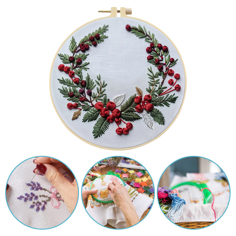 Christmas & Flowers - DIY Embroidery Cross Stitch Kit with Pattern Cotton Threads Needles Hoop 25x25CM/9.84x9.84in