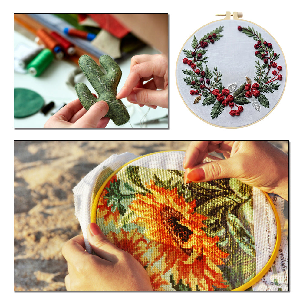 Christmas & Flowers - DIY Embroidery Cross Stitch Kit with Pattern Cotton Threads Needles Hoop 25x25CM/9.84x9.84in