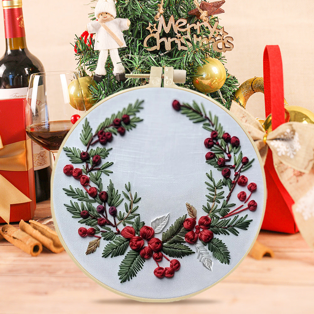 Christmas & Flowers - DIY Embroidery Cross Stitch Kit with Pattern Cotton Threads Needles Hoop 25x25CM/9.84x9.84in