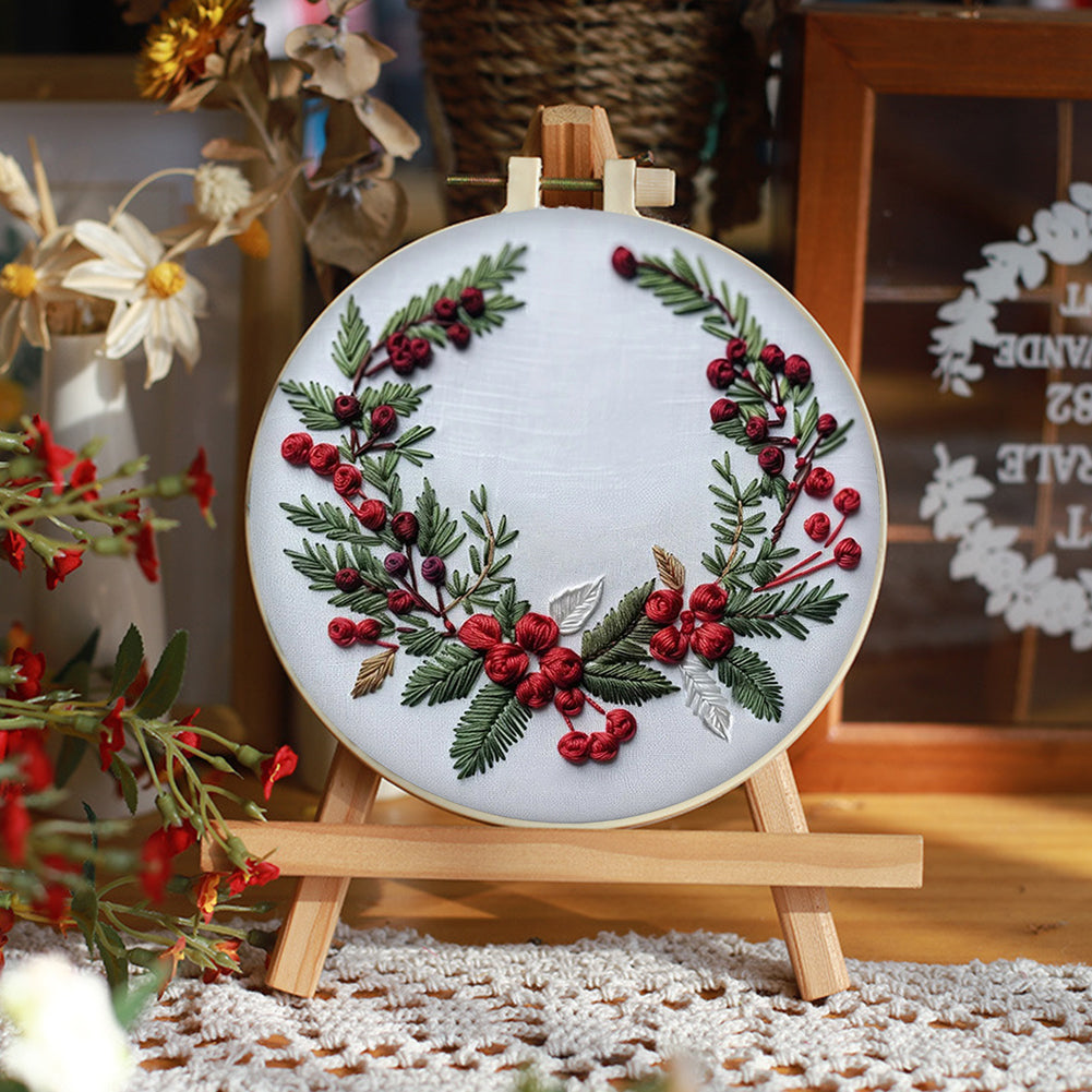 Christmas & Flowers - DIY Embroidery Cross Stitch Kit with Pattern Cotton Threads Needles Hoop 25x25CM/9.84x9.84in