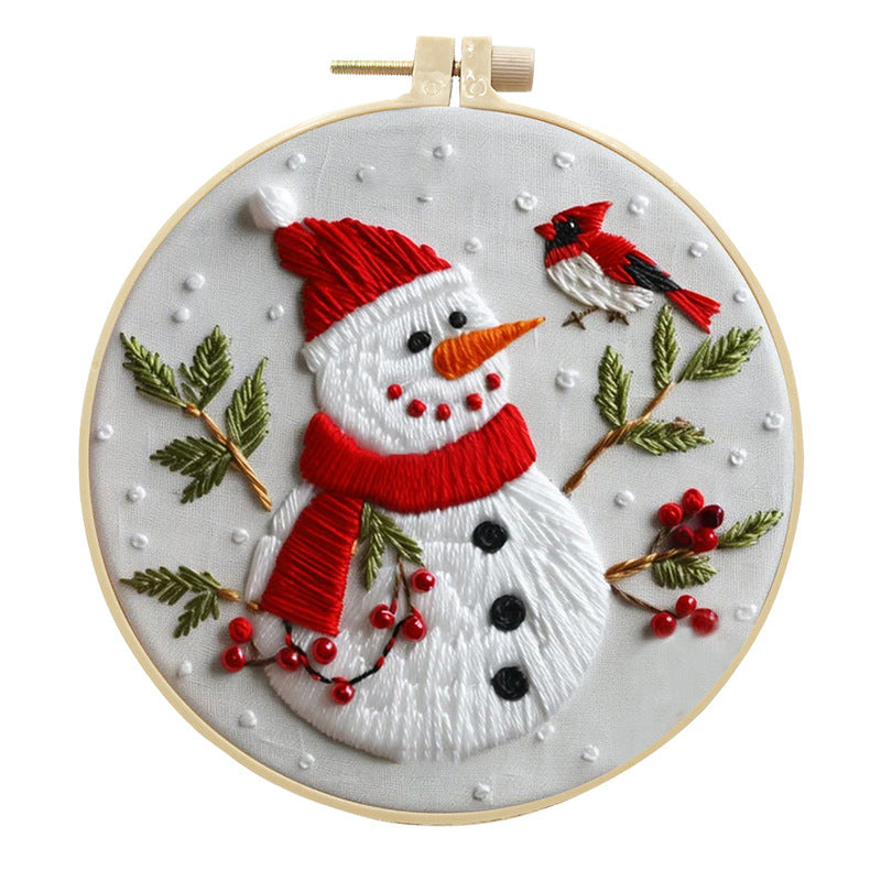 Snowman & Birds - DIY Embroidery Cross Stitch Kit with Pattern Cotton Threads Needles Hoop 25x25CM/9.84x9.84in