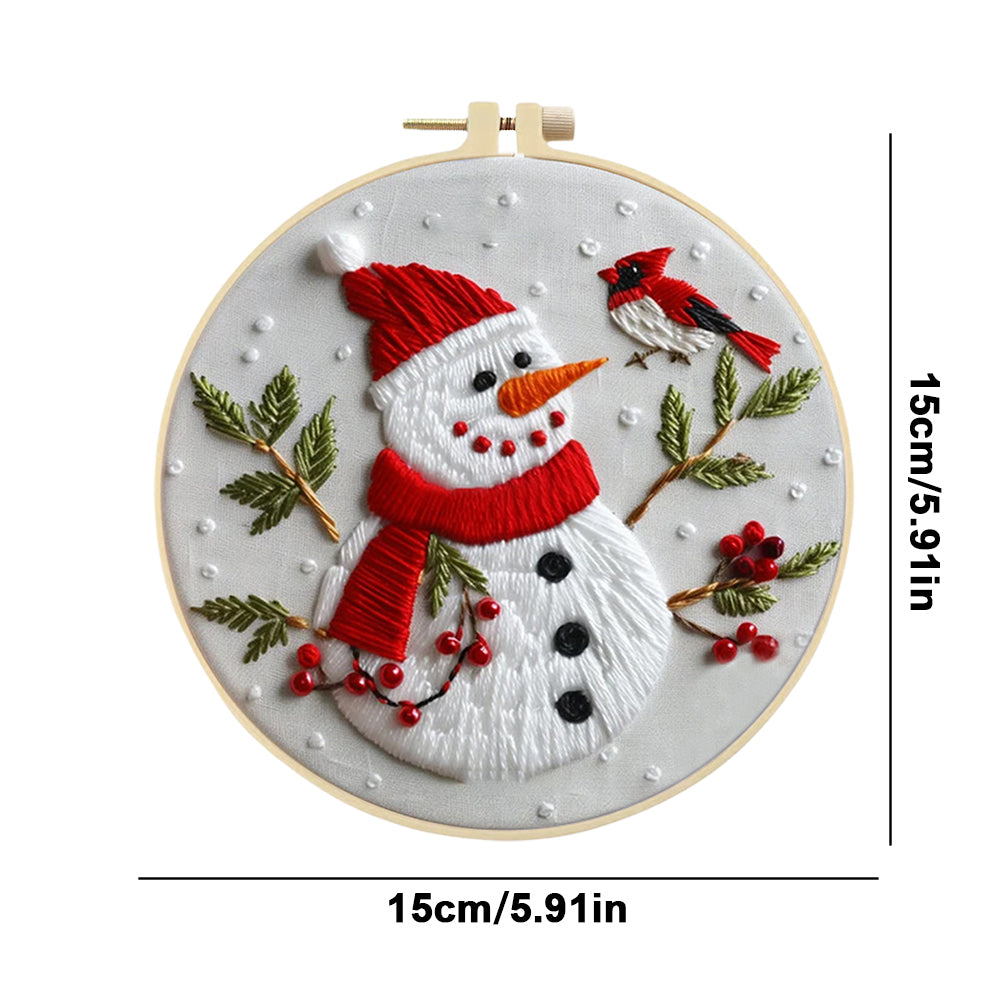 Snowman & Birds - DIY Embroidery Cross Stitch Kit with Pattern Cotton Threads Needles Hoop 25x25CM/9.84x9.84in