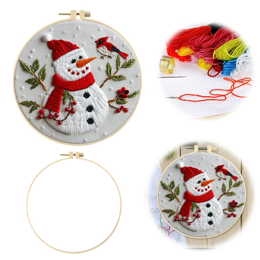 Snowman & Birds - DIY Embroidery Cross Stitch Kit with Pattern Cotton Threads Needles Hoop 25x25CM/9.84x9.84in