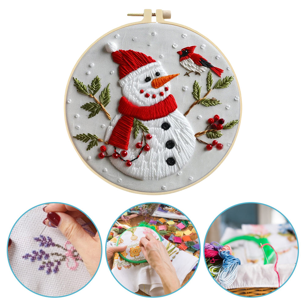 Snowman & Birds - DIY Embroidery Cross Stitch Kit with Pattern Cotton Threads Needles Hoop 25x25CM/9.84x9.84in