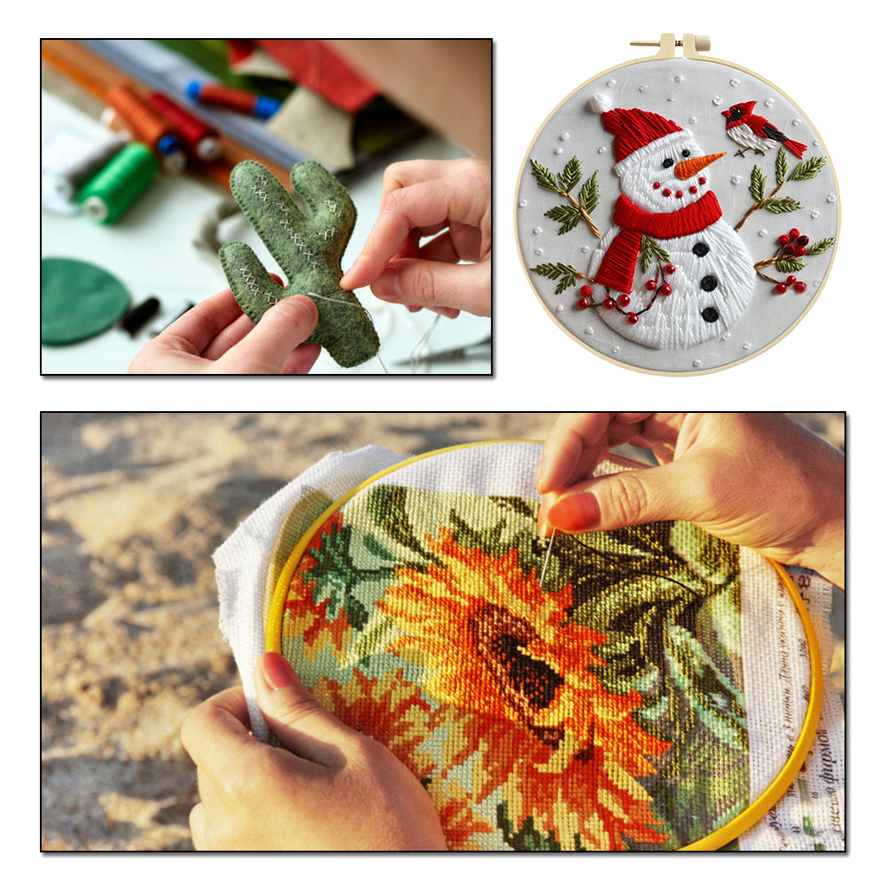 Snowman & Birds - DIY Embroidery Cross Stitch Kit with Pattern Cotton Threads Needles Hoop 25x25CM/9.84x9.84in