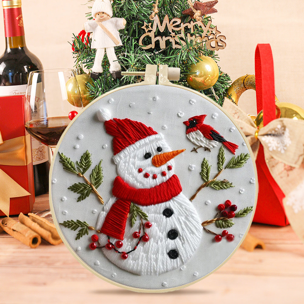 Snowman & Birds - DIY Embroidery Cross Stitch Kit with Pattern Cotton Threads Needles Hoop 25x25CM/9.84x9.84in