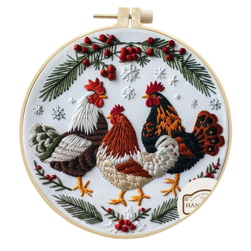 Three Chickens - DIY Embroidery Cross Stitch Kit with Pattern Cotton Threads Needles Hoop 25x25CM/9.84x9.84in