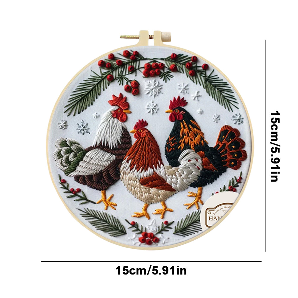 Three Chickens - DIY Embroidery Cross Stitch Kit with Pattern Cotton Threads Needles Hoop 25x25CM/9.84x9.84in