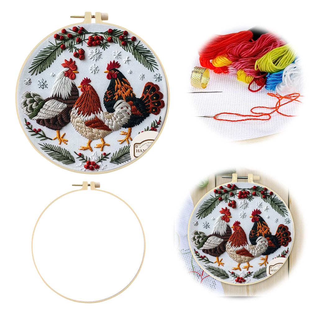 Three Chickens - DIY Embroidery Cross Stitch Kit with Pattern Cotton Threads Needles Hoop 25x25CM/9.84x9.84in