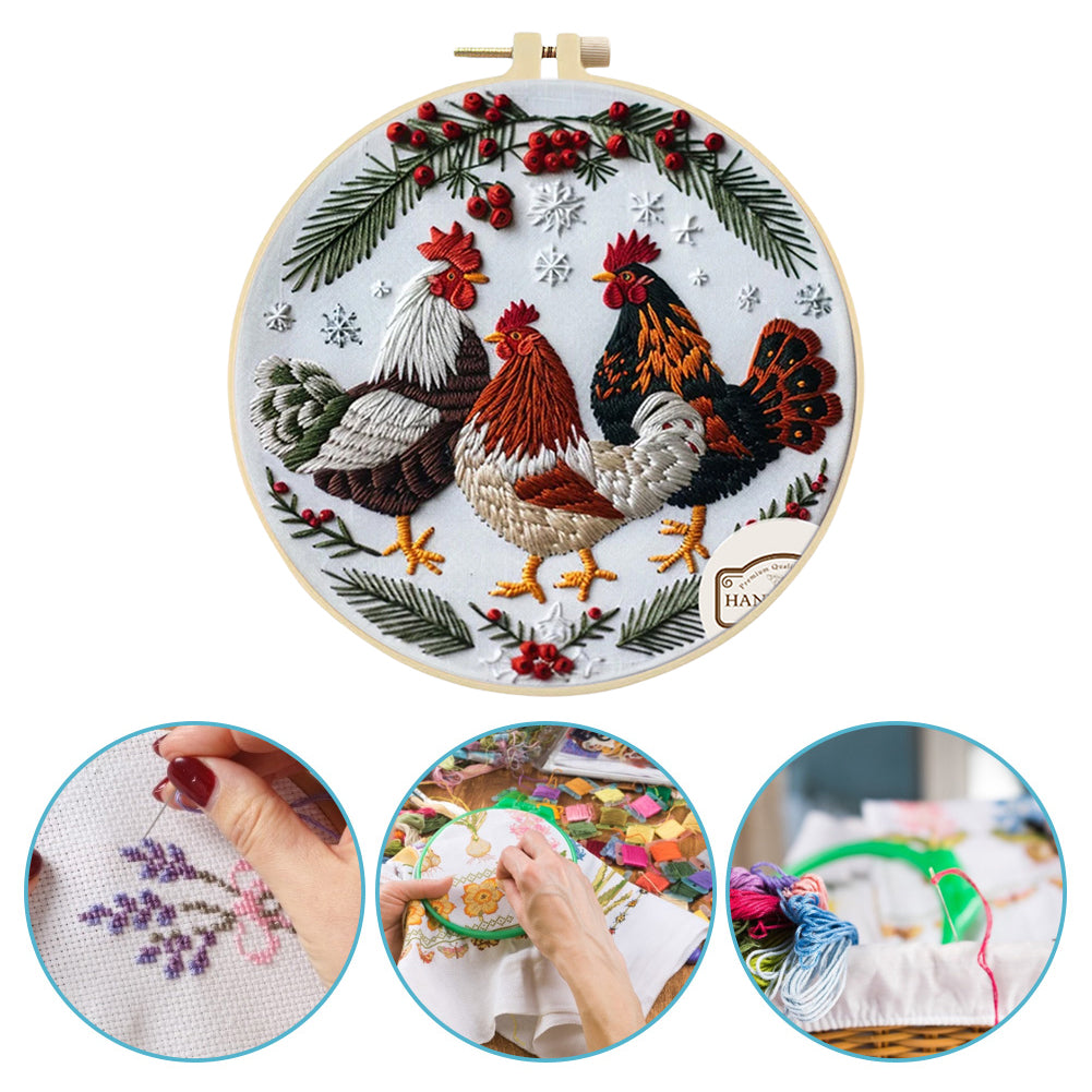 Three Chickens - DIY Embroidery Cross Stitch Kit with Pattern Cotton Threads Needles Hoop 25x25CM/9.84x9.84in