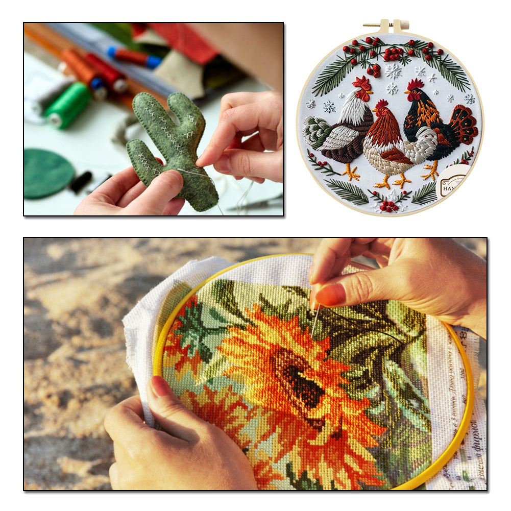 Three Chickens - DIY Embroidery Cross Stitch Kit with Pattern Cotton Threads Needles Hoop 25x25CM/9.84x9.84in