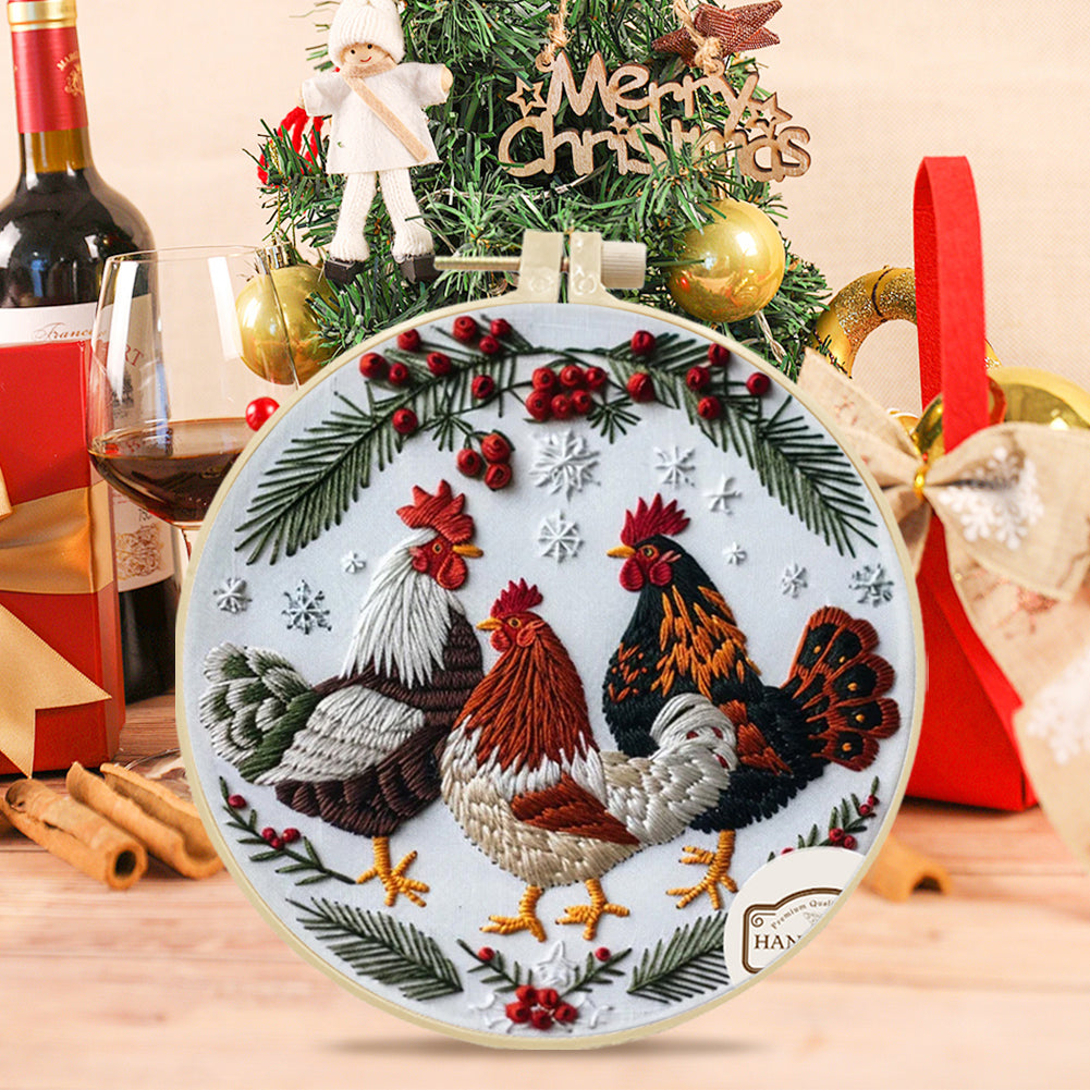 Three Chickens - DIY Embroidery Cross Stitch Kit with Pattern Cotton Threads Needles Hoop 25x25CM/9.84x9.84in