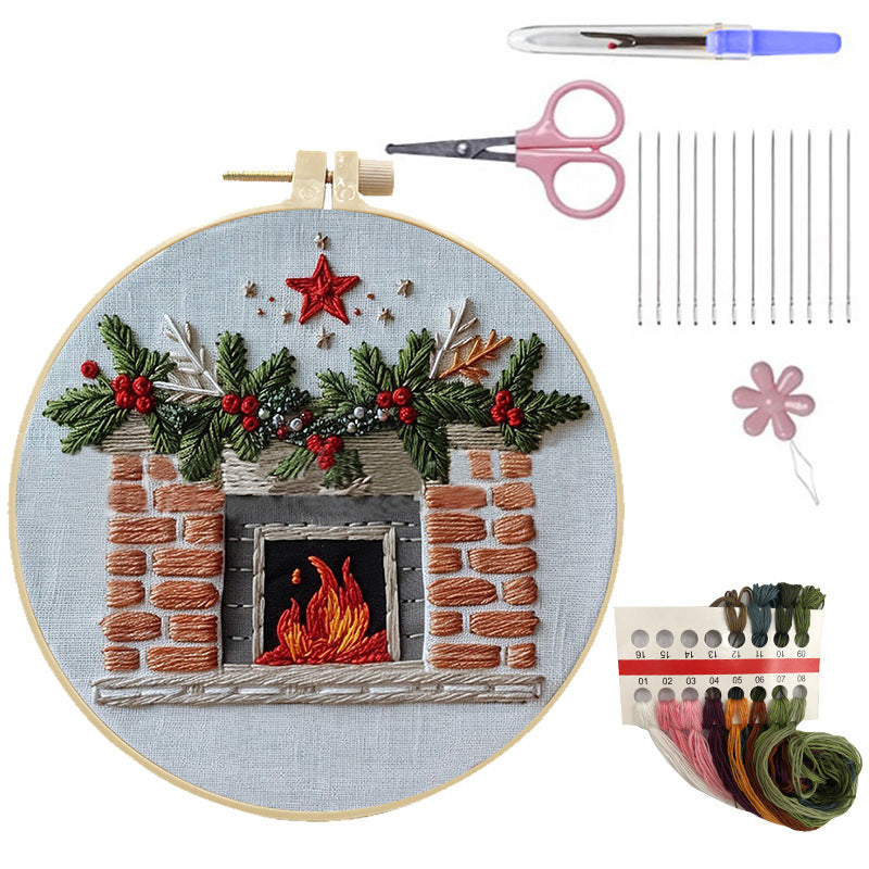 Five-Pointed Star Fireplace - DIY Embroidery Cross Stitch Kit with Pattern Cotton Threads Needles Hoop 25x25CM/9.84x9.84in