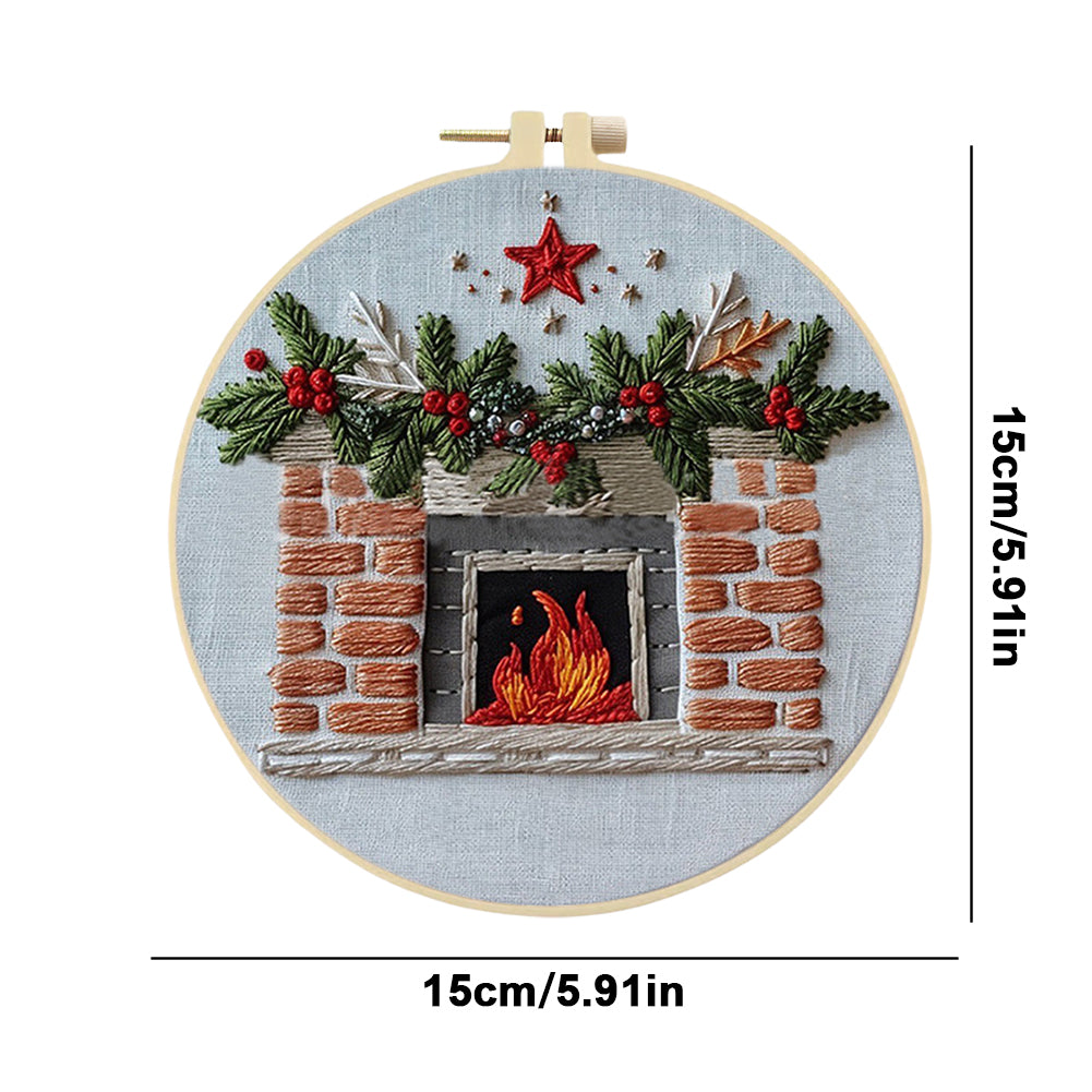 Five-Pointed Star Fireplace - DIY Embroidery Cross Stitch Kit with Pattern Cotton Threads Needles Hoop 25x25CM/9.84x9.84in