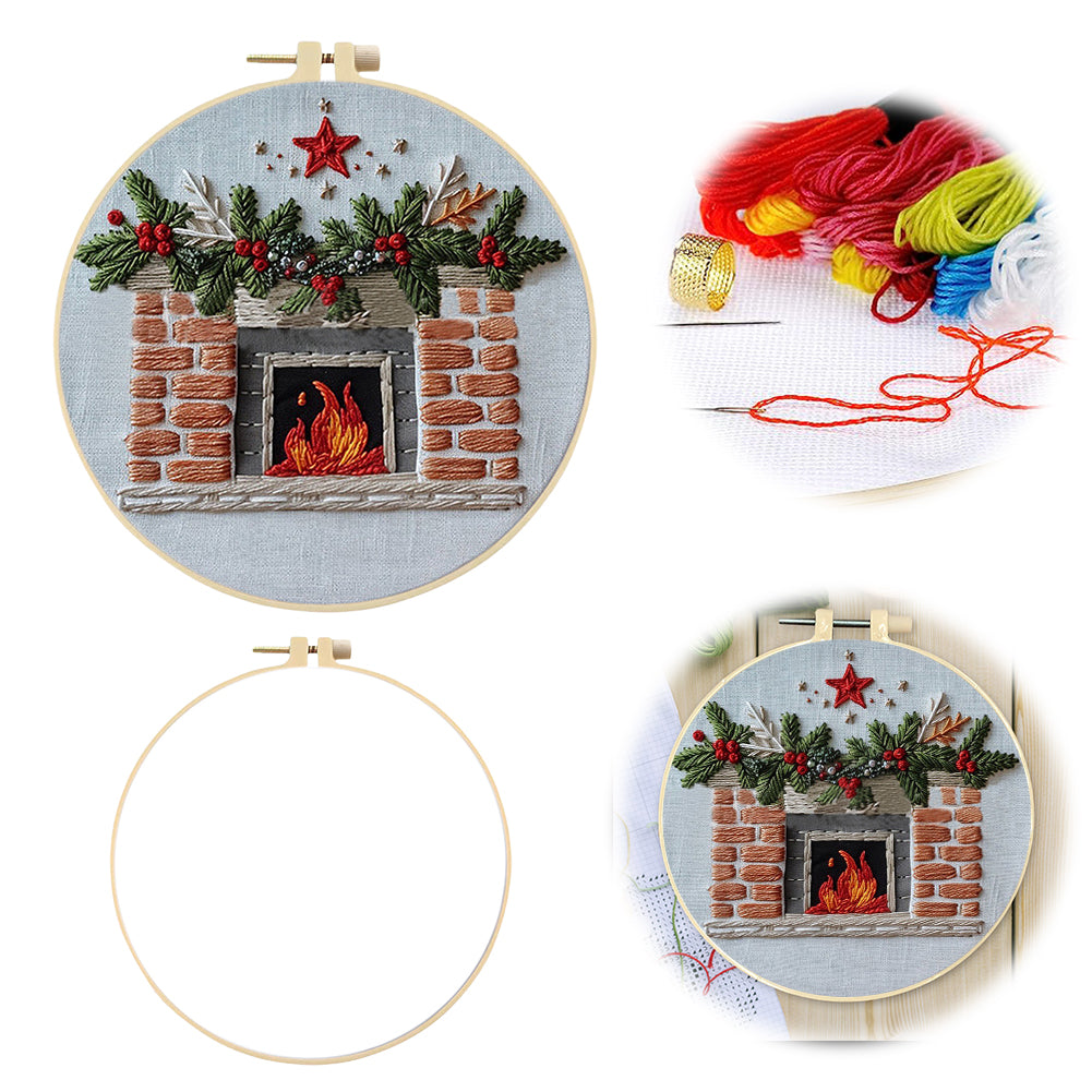 Five-Pointed Star Fireplace - DIY Embroidery Cross Stitch Kit with Pattern Cotton Threads Needles Hoop 25x25CM/9.84x9.84in