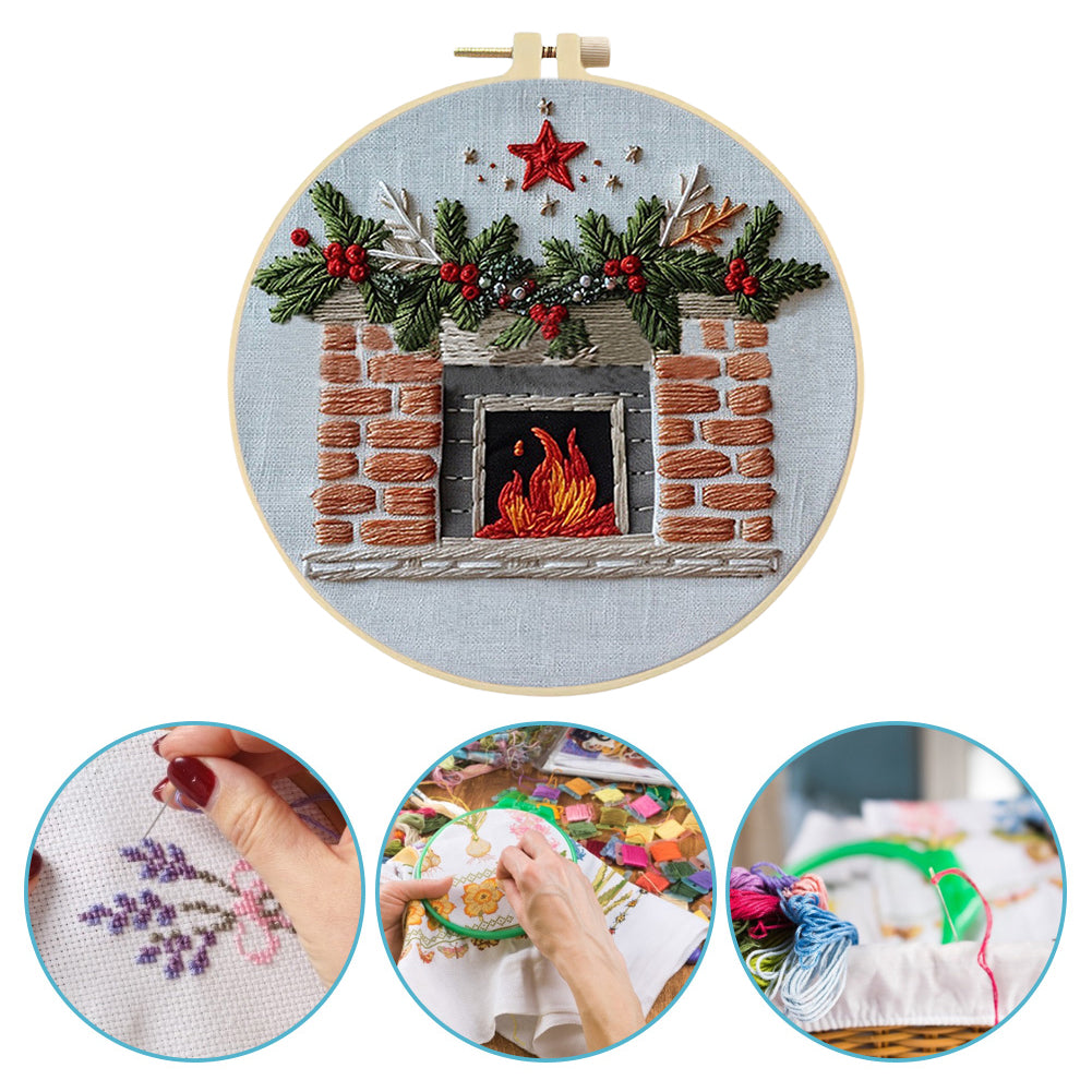 Five-Pointed Star Fireplace - DIY Embroidery Cross Stitch Kit with Pattern Cotton Threads Needles Hoop 25x25CM/9.84x9.84in