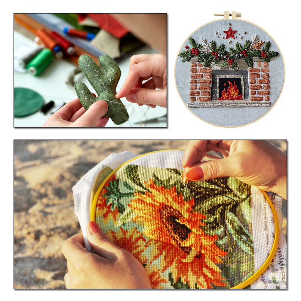 Five-Pointed Star Fireplace - DIY Embroidery Cross Stitch Kit with Pattern Cotton Threads Needles Hoop 25x25CM/9.84x9.84in