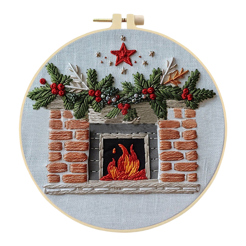 Five-Pointed Star Fireplace - DIY Embroidery Cross Stitch Kit with Pattern Cotton Threads Needles Hoop 25x25CM/9.84x9.84in