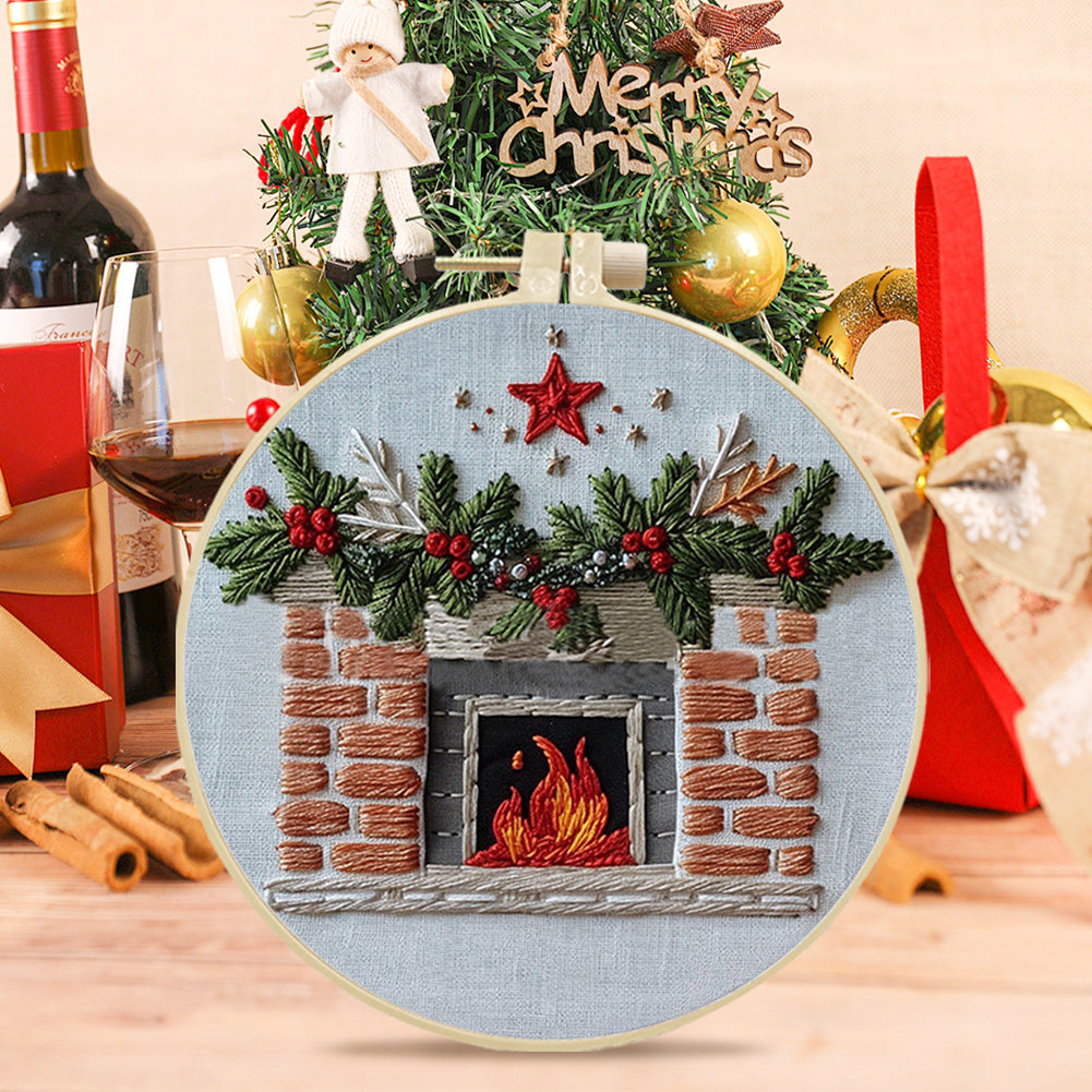 Five-Pointed Star Fireplace - DIY Embroidery Cross Stitch Kit with Pattern Cotton Threads Needles Hoop 25x25CM/9.84x9.84in