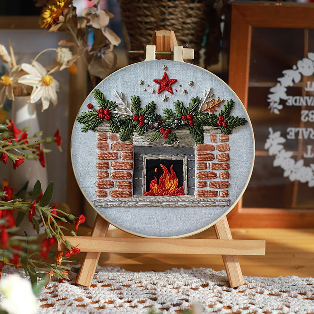 Five-Pointed Star Fireplace - DIY Embroidery Cross Stitch Kit with Pattern Cotton Threads Needles Hoop 25x25CM/9.84x9.84in