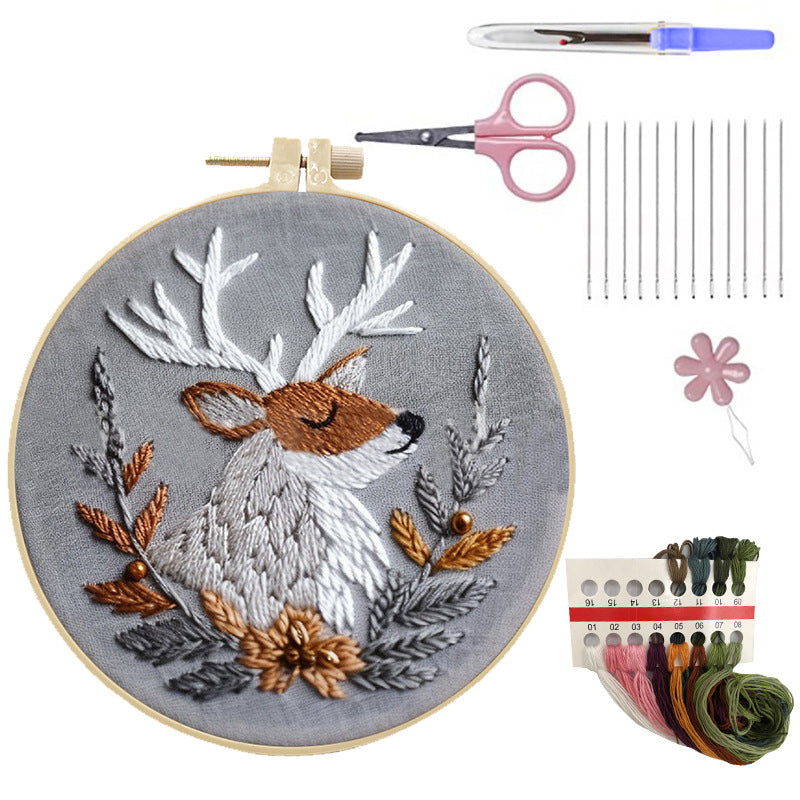Silver Elk - DIY Embroidery Cross Stitch Kit with Pattern Cotton Threads Needles Hoop 25x25CM/9.84x9.84in