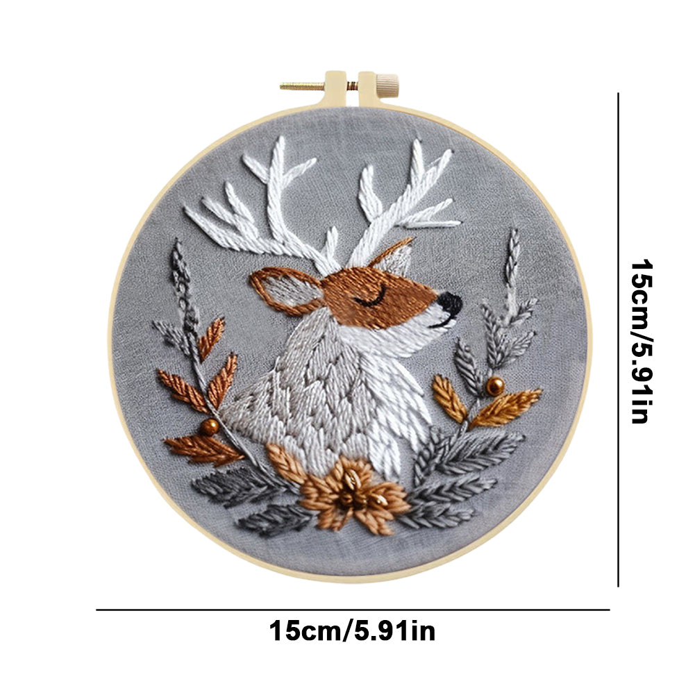 Silver Elk - DIY Embroidery Cross Stitch Kit with Pattern Cotton Threads Needles Hoop 25x25CM/9.84x9.84in