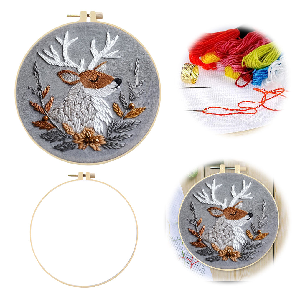 Silver Elk - DIY Embroidery Cross Stitch Kit with Pattern Cotton Threads Needles Hoop 25x25CM/9.84x9.84in