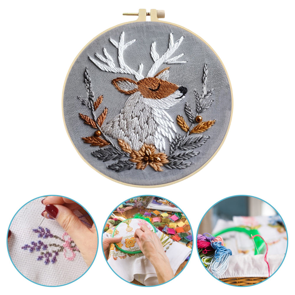 Silver Elk - DIY Embroidery Cross Stitch Kit with Pattern Cotton Threads Needles Hoop 25x25CM/9.84x9.84in