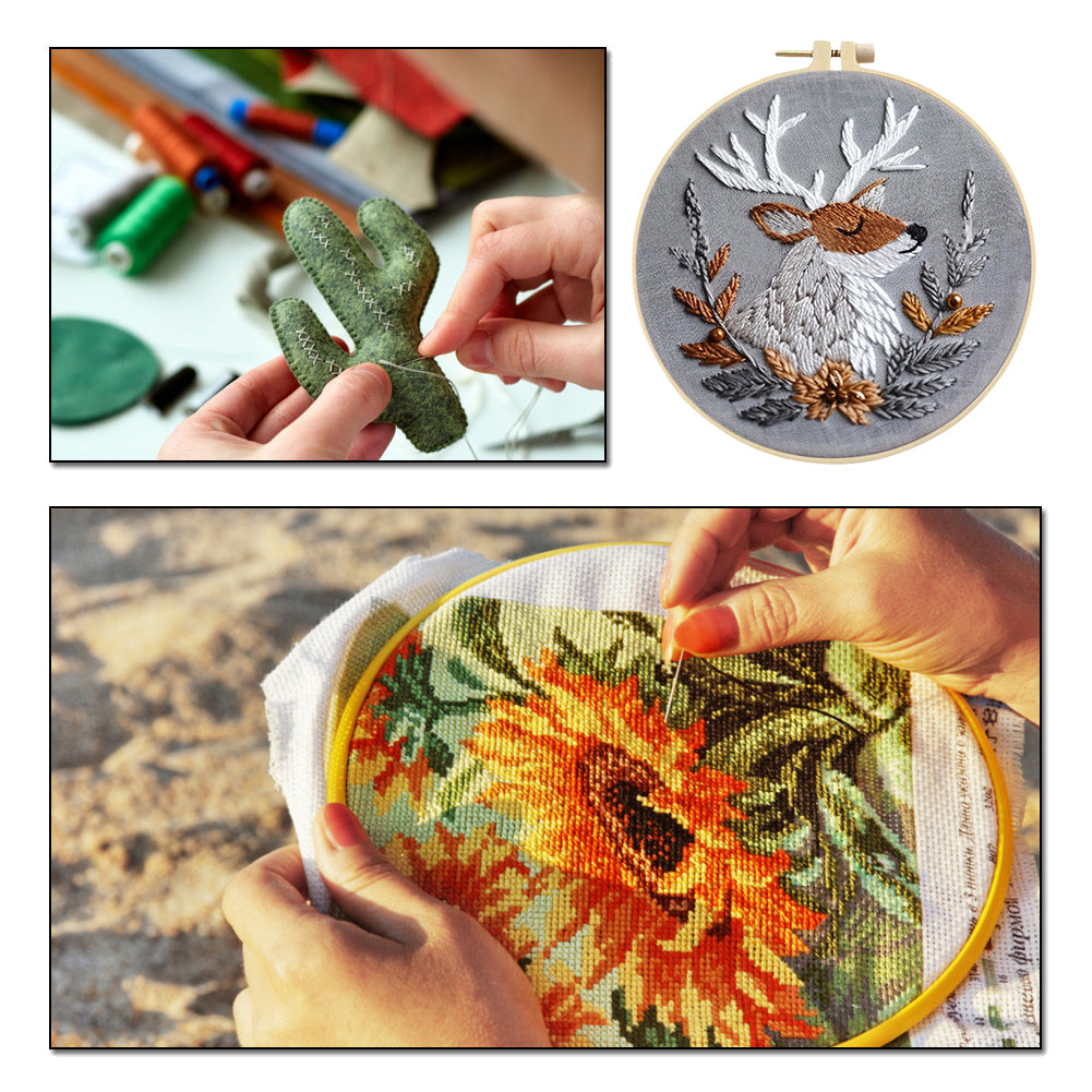 Silver Elk - DIY Embroidery Cross Stitch Kit with Pattern Cotton Threads Needles Hoop 25x25CM/9.84x9.84in