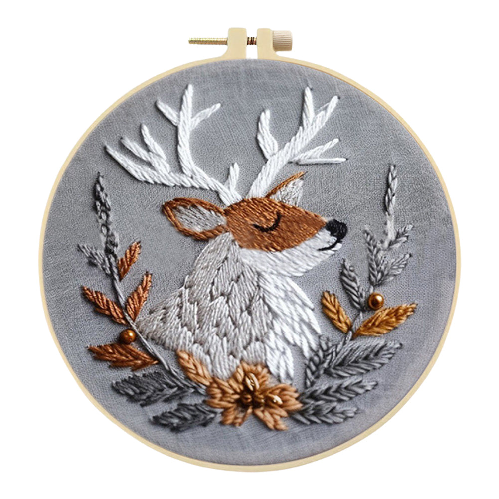 Silver Elk - DIY Embroidery Cross Stitch Kit with Pattern Cotton Threads Needles Hoop 25x25CM/9.84x9.84in