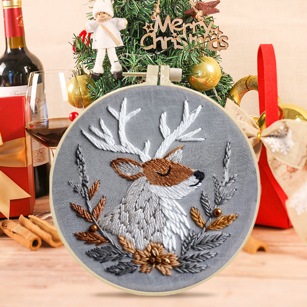Silver Elk - DIY Embroidery Cross Stitch Kit with Pattern Cotton Threads Needles Hoop 25x25CM/9.84x9.84in