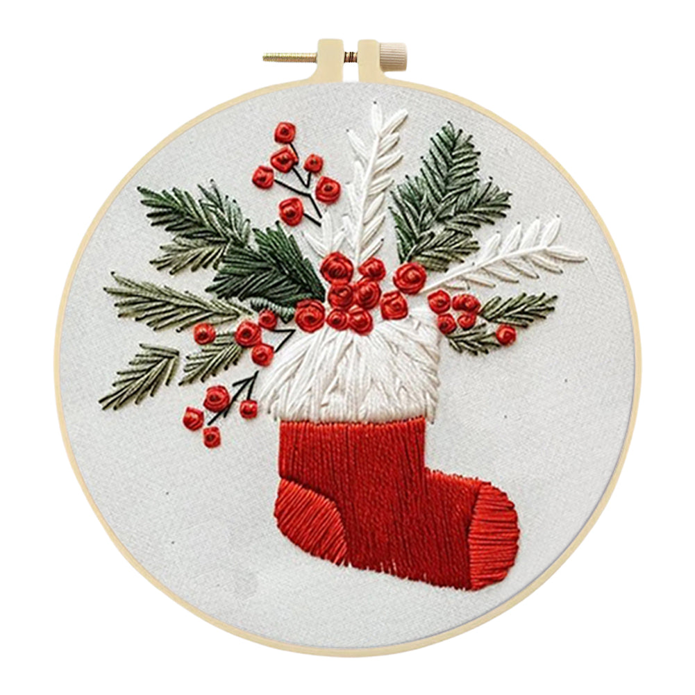 Christmas Stocking - DIY Embroidery Cross Stitch Kit with Pattern Cotton Threads Needles Hoop 25x25CM/9.84x9.84in