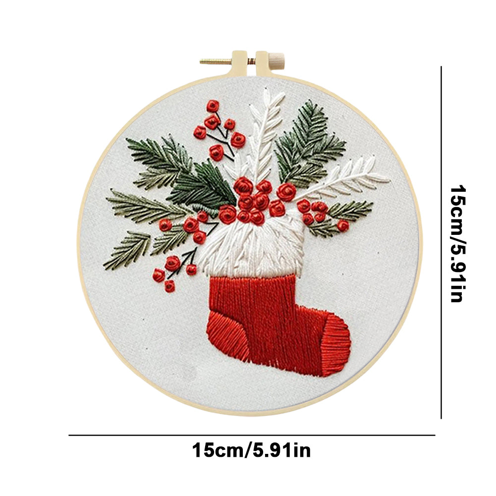 Christmas Stocking - DIY Embroidery Cross Stitch Kit with Pattern Cotton Threads Needles Hoop 25x25CM/9.84x9.84in